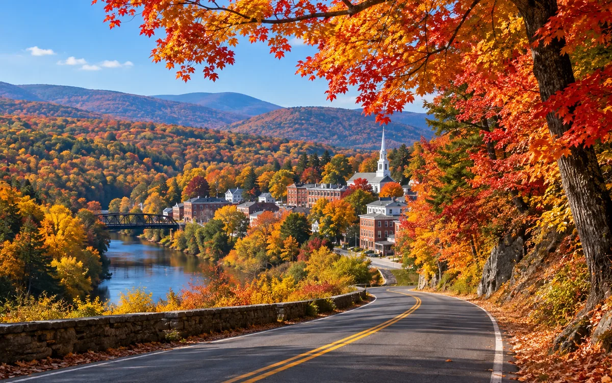 Illustrative autumn village and hills for the Berkshire Route 20 trip