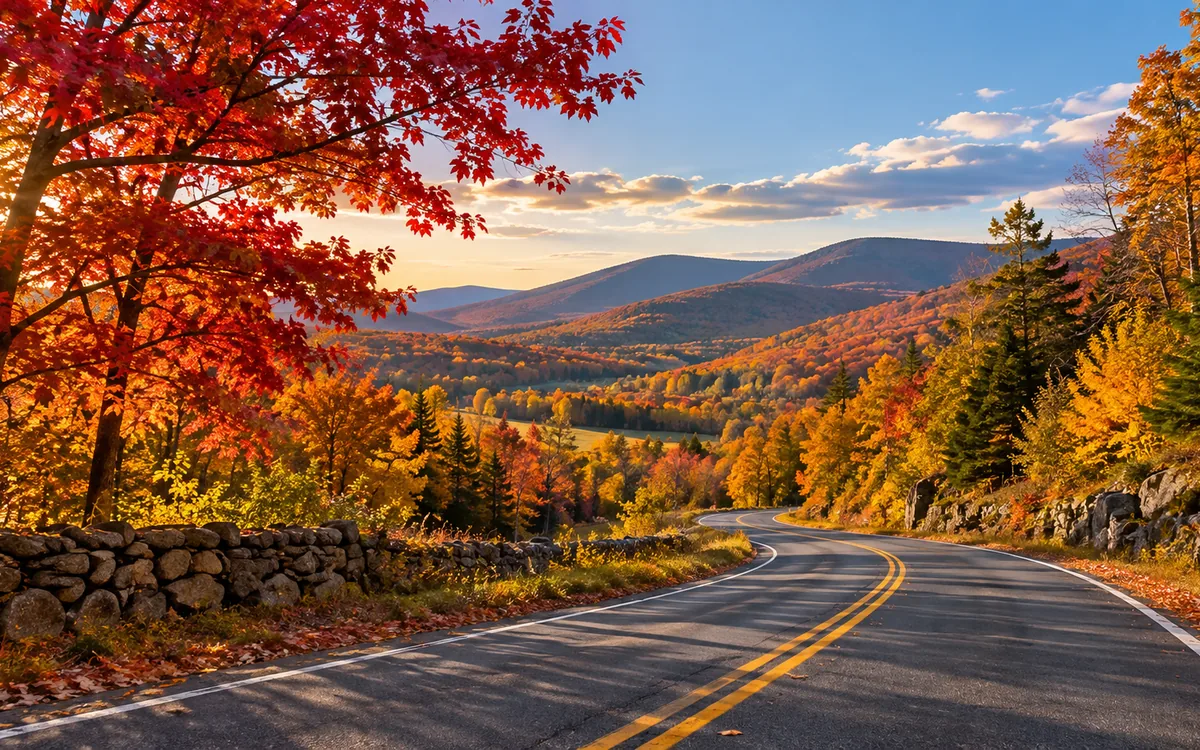 Illustrative two-lane autumn road through colorful hills