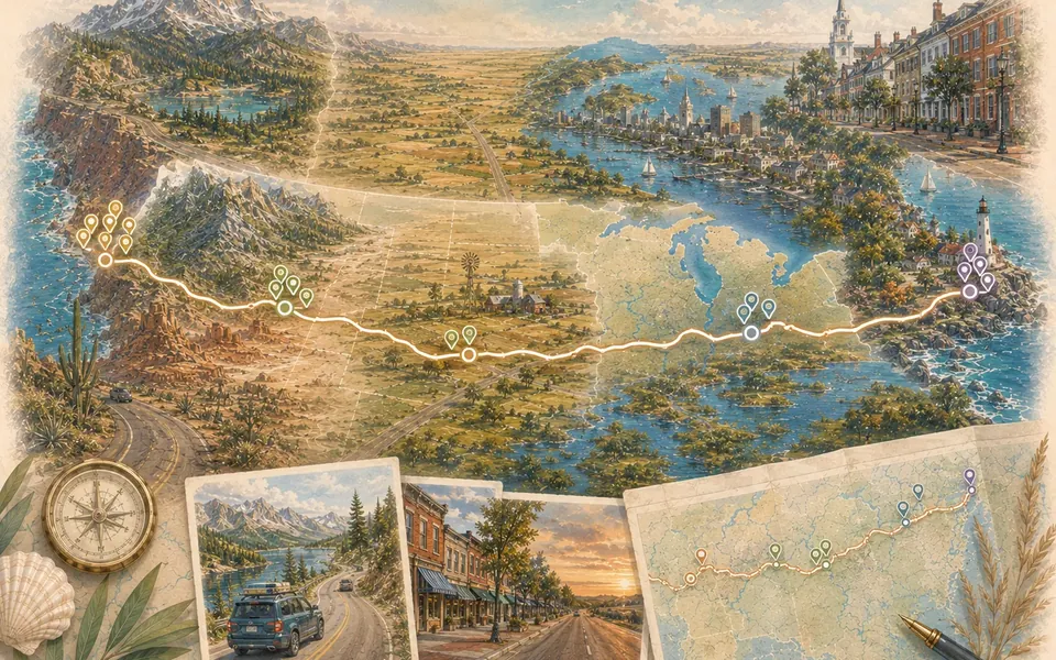 Illustrated Route 20 planning map with western mountains, prairie, Great Lakes, eastern towns, route markers, and road-trip notes.