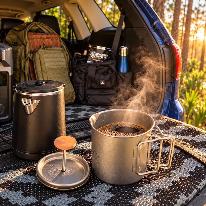 Road-trip coffee setup in the open rear of a Route 20 travel vehicle.