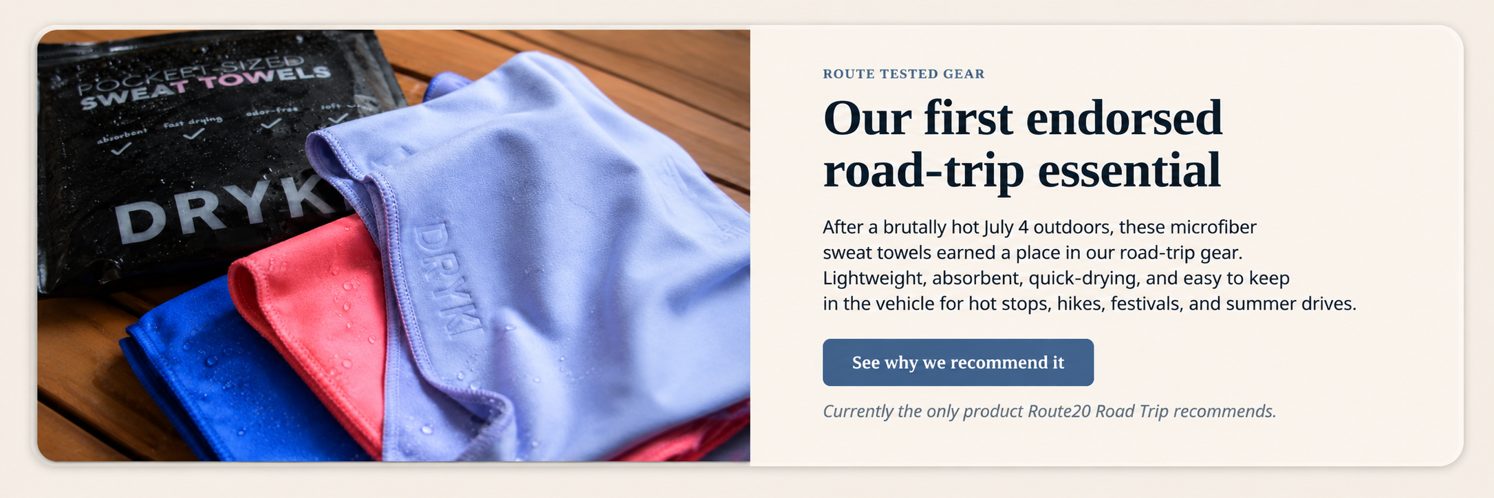 Water-droplet product photograph of the Route20 Route Tested Gear microfiber towels.