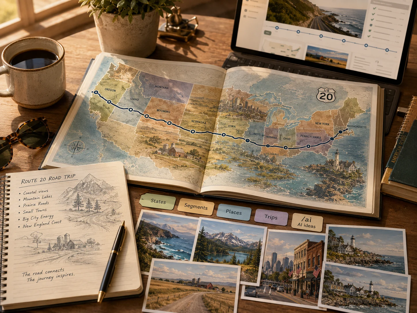 Route 20 road trip planning desk with a coast-to-coast route map, notes, and AI planning prompts