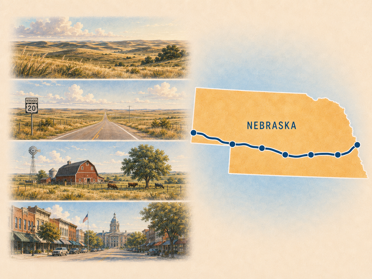 Mapish Route 20 state gateway artwork for Nebraska.
