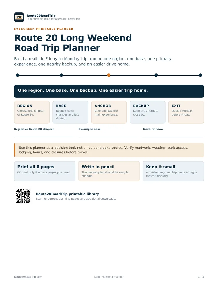 First page of the Route 20 Long Weekend Road Trip Planner