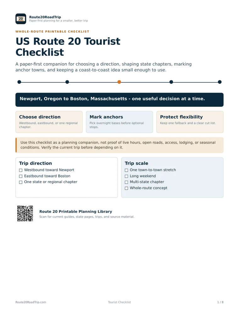 First page of the US Route 20 Tourist Checklist